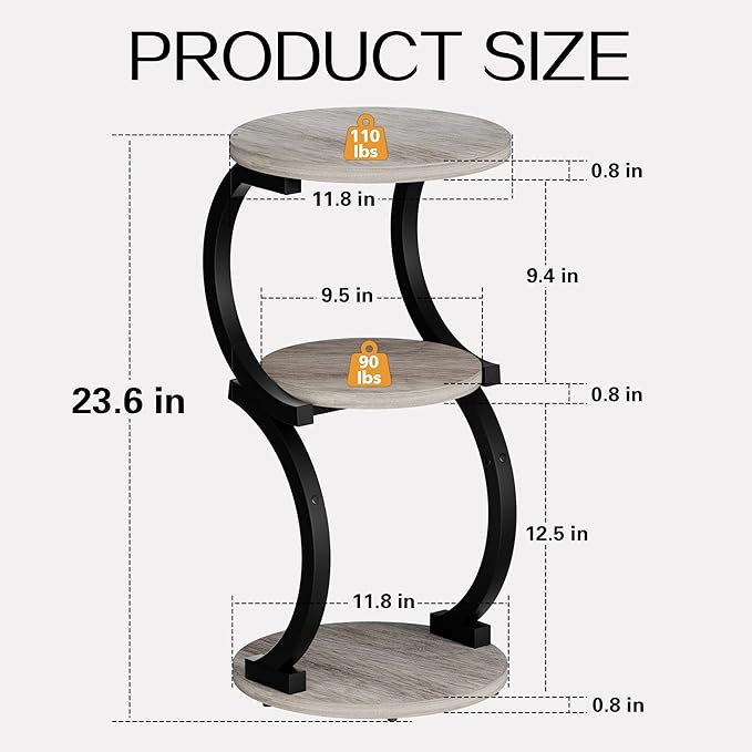 JUSTOGO Small Round Side Table, 3-Tier End Table for Living Room, Vintage Nightstand for Small Spaces Sofa Couch Corner Bedside Bedroom, S-Shaped Wood Accent Table Matel Coffee Table, Greige