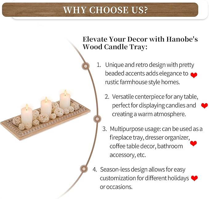 Hanobe Decorative Wood Candle Tray: Rustic Rectangle Beaded Centerpiece Table Decorations Farmhouse Long Narrow Tealight Candle Holders Plate for Dining Room Coffee Table Decor
