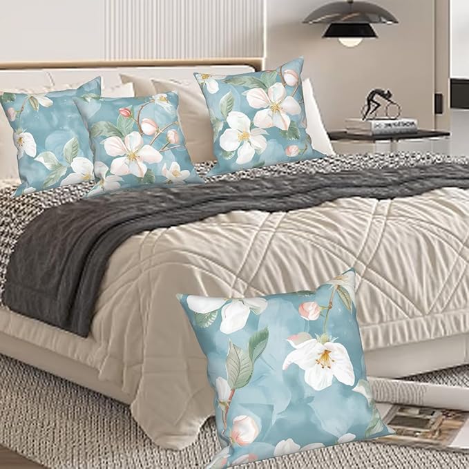 White Flowers Throw Pillow Covers 26"x26" Set of 4, Blooming Floral Couch Pillow Cases Spring Decorative Cushion Covers for Sofa Chair Bed Living Room Garden Farmhouse Car Indoor Outdoor