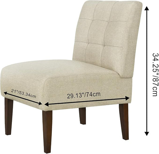 Slipper Accent Chair Modern Armless Lounge Chair with Wood Legs Upholstered Makeup Vanity Tufted Side Chair Fabric Comfy with Decor Back for Living Room Bedroom Patio (Pin Back, Beige)
