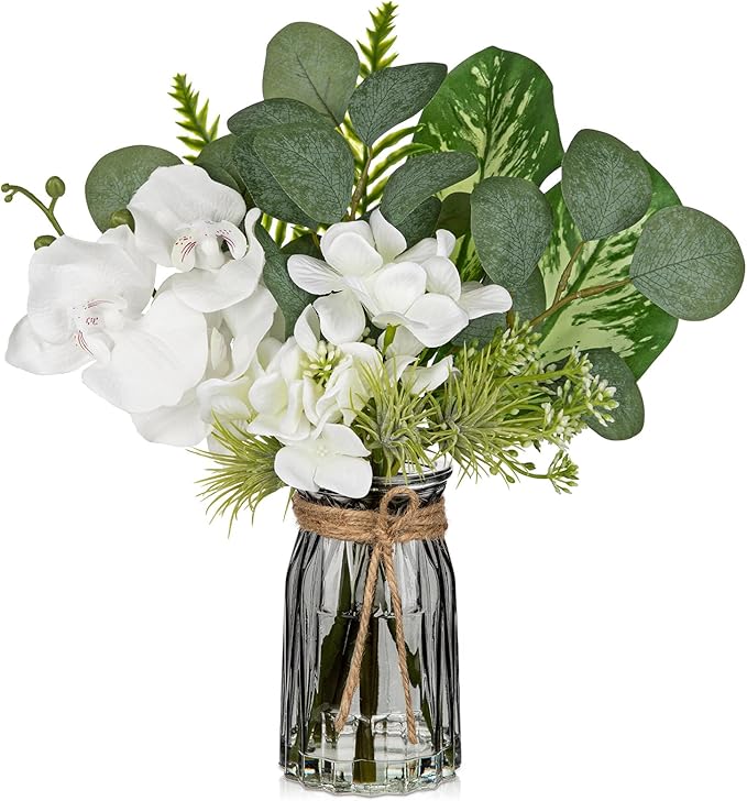 White Orchids Artificial Flowers with Vase Fake Flower in Vase Artificial Eucalyptus Stems in Glass Vases with Faux Water Faux Orchid with Evergreen Plant Arrangement for Dining Table Centerpiece