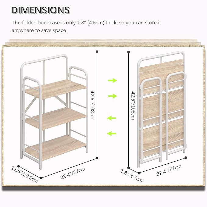 4NM No Assembly Folding Bookshelf, 3 Tiers Collapsible Book Shelves Open Industrial Foldable Storage Bookcase Shelf for Bedroom, Living Room, Home Office - Natural and White