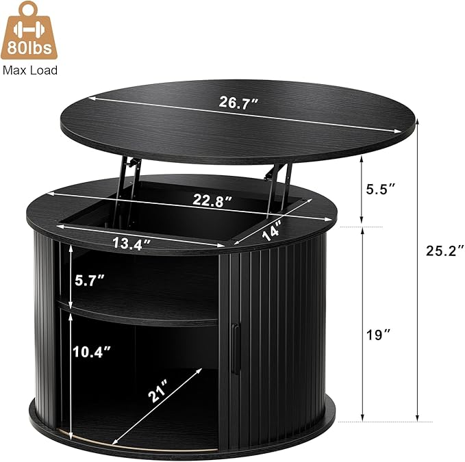 FABATO Round Lift Top Coffee Table, Fluted Wood Accent Coffee Table with Hidden Storage and Open Shelves, Drum Table with Sliding Rolling Door, Small Center Table Dining Table for Living Room, Black