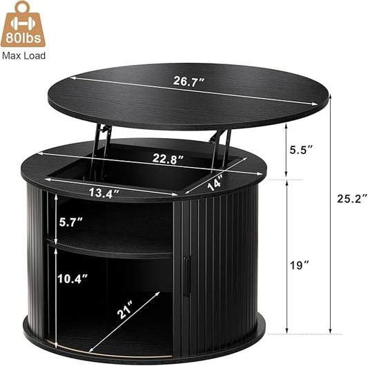 FABATO Round Lift Top Coffee Table, Fluted Wood Accent Coffee Table with Hidden Storage and Open Shelves, Drum Table with Sliding Rolling Door, Small Center Table Dining Table for Living Room, Black
