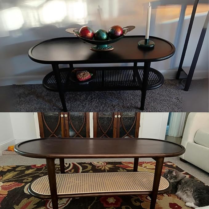 Modern Rattan Coffee Table, 39.5 Oval Walnut Wood Coffee Table with Storage Shelf for Living Room, 2-Tier Center Table Entryway Table Side Table Nightstand for Bedroom Office Small Space Cafe