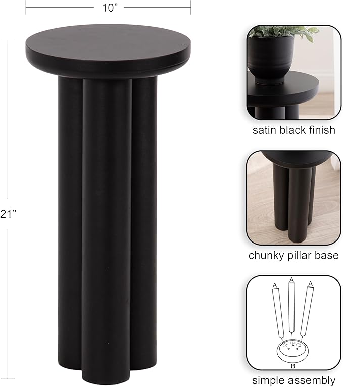 Kate and Laurel Pylar Modern Wooden Drink Table, 10 x 10 x 21, Black, Transitional Mini Table with Chunky Pillar Base for Use as Pedestal Plant Stand Indoors or Small Nightstand Option
