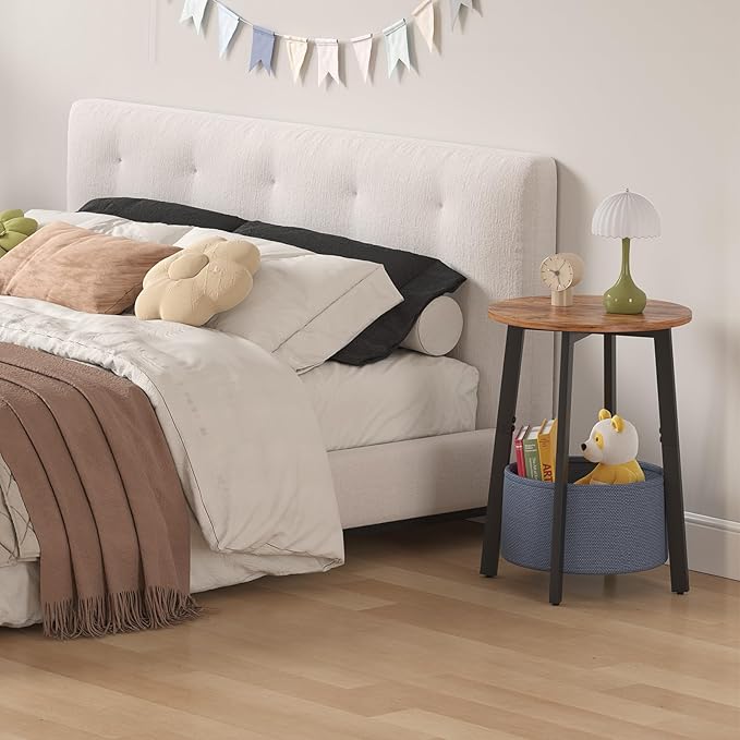 Small Round Side End Table Set of 2 with Cloth Storage Basket, Round Bedside Sofa Couch Coffee Tables for Small Places with Metal Frame, Modern Nighstands for Living Room Bedroom,Rustic Brown