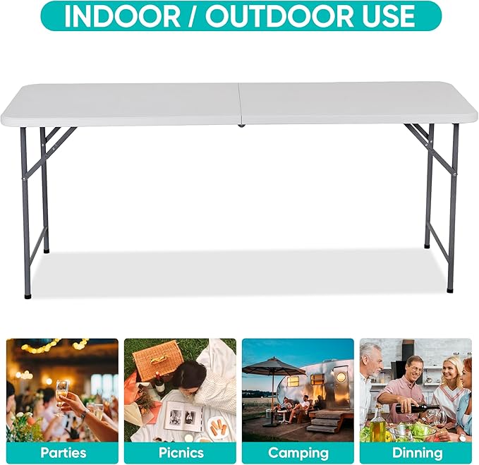 ZenStyle 6 ft Folding Table - 71"x27" Rectangular Portable Plastic Table for Indoor, Outdoor, Camping, Parties & Events | Lightweight Multi-Purpose Utility & Dining Table