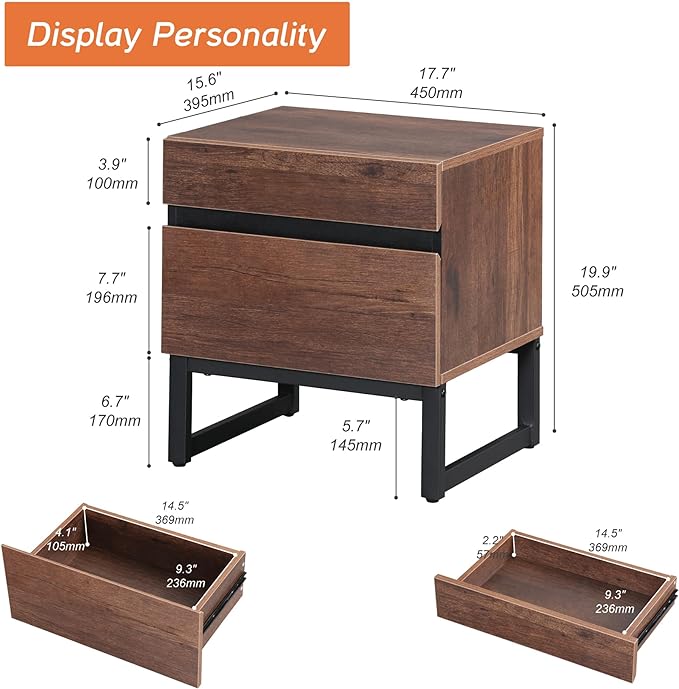 WAMPAT Modern End Table with 2 Drawers, Farmhouse Sofa Table with Black Square Iron Leg, Wood Rustic Side End Table for Living Room, Nighstand for Bedroom, Brown