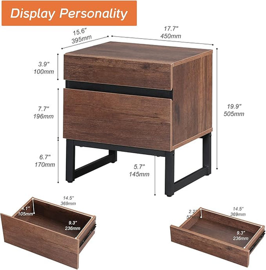 WAMPAT Modern End Table with 2 Drawers, Farmhouse Sofa Table, Wooden Rustic Side Sofa Table with Metal Leg for Living Room, Nighstand for Bedroom, Brown