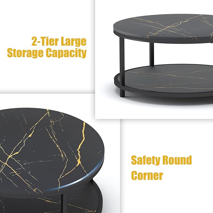 WiberWi Round Coffee Table Black Coffee Tables for Living Room 35.8" Faux Marble Top Circle Table Furniture Sturdy Metal Frame Legs Cocktail Table with Storage Open Shelf