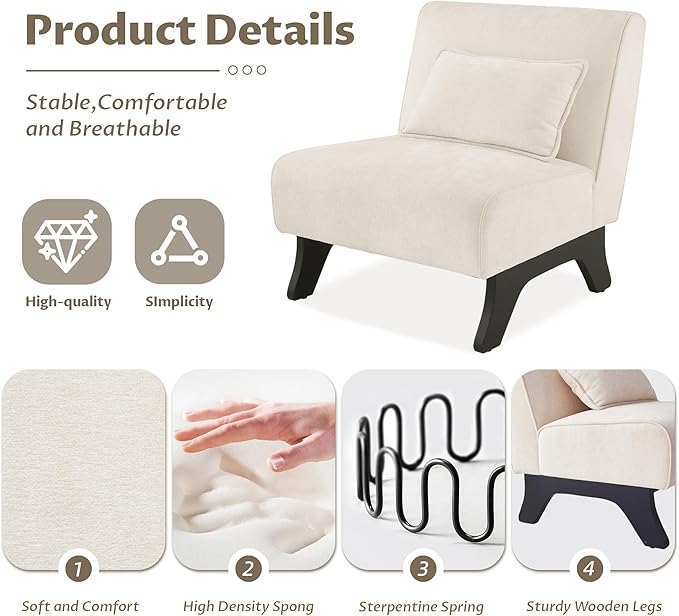 Upholstered Armless Accent Chair,Modern Comfy Living Room Chairs with Wooden Legs& Pillows,Lounge Sofa Side Chair for Bedroom Farmhouse Reading (Beige, 1 PC)