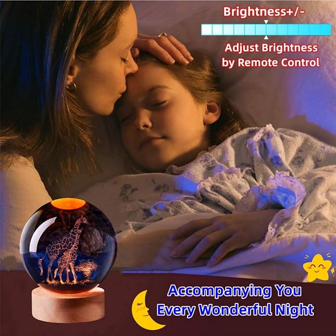 Giraffe Crystal Ball Lamp with LED Wooden Base, 16 Colors Change & Remote Control Crystal Ball Night Light, Upgraded 3.15 Inch Glass Light, Gift for Kids Wife Girlfriend (Giraffe)
