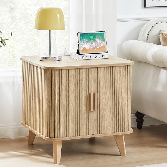 Farmhouse Square End Table with Charging Station, 24" Large Fluted Sofa Side Table with Sliding Tambour Door and Storage, Rustic Curved Wood Nightstand for Living Room, Bedroom, Natural