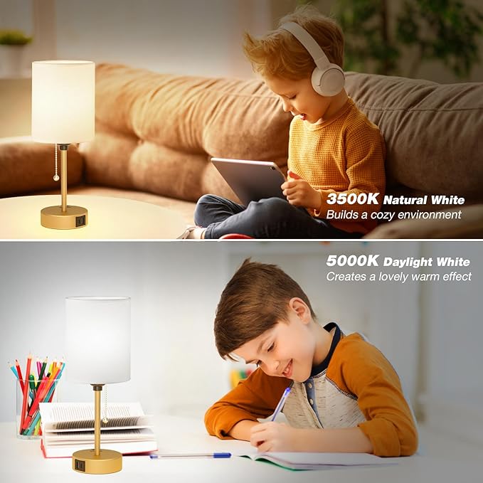 Dicoool Small Bedside Lamps 3 Color Modes - 3000K 4000K 5000K Bedroom Lamps with USB C and A Ports, Pull Chain Gold Table Lamps with AC Outlet, Nightstand Lamps with Gold Metal Base for Kids Reading