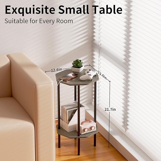 Side Table, Octagonal End Table for Small Spaces, Nightstand with 2 Storage Shelves, Small Table Stand for Bedroom, Living Room, Outdoor Balcony(Gray)