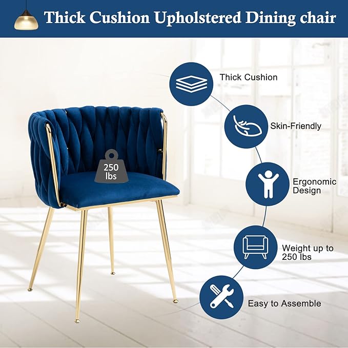 NIOIIKIT Modern Velvet Dining Chairs Hand Weaving Accent Chairs Living Room Chairs Upholstered Side Chair with Golden Metal Legs for Dining Room Kitchen Vanity Living Room (Navy)