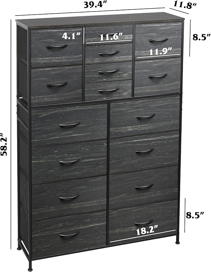 Tall Console Table with 16 Fabric Drawers, Entryway Table with Storage, Large Storage Organizer with Wood Top, Steel Frame for Living Room, Hallway, Office, Charcoal Black Wood Grain Print