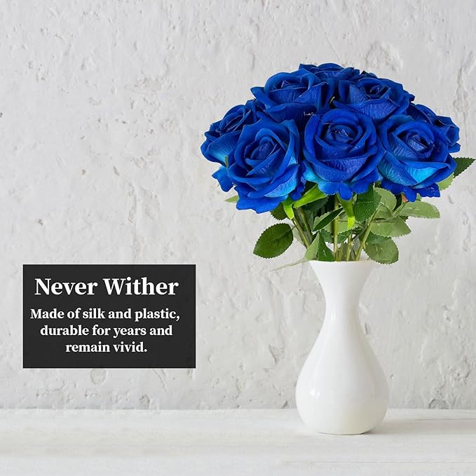 10 PCS Artificial Roses with Long Stems Silk Flowers Realistic Foam Flowers Fake Roses for Valentine's Day Home Wedding Halloween Decor(Blue)