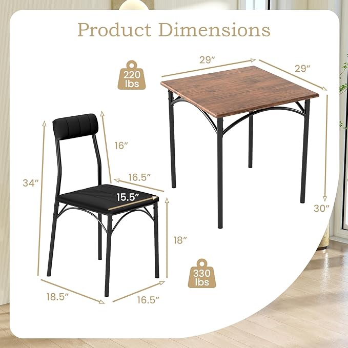 Giantex 3-Piece Dining Table Set, Square Kitchen Table with 2 Upholstered Armless Chairs, Padded Backrest, Metal Frame, Space-Saving Dinette Set for Small Spaces, Living Room, Dining Room
