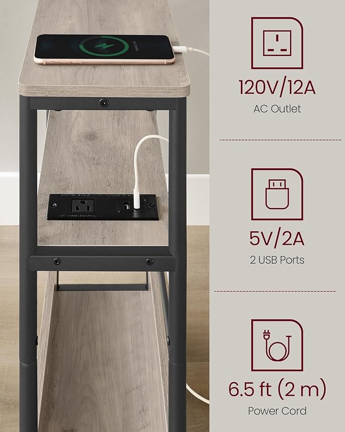 VASAGLE Side Tables with Charging Station, Set of 2 Narrow End Tables, 3-Tier Nightstands, Sofa Tables for Small Spaces, for Living Room, Bedroom, Study, Heather Greige and Ink Black ULCT664K04