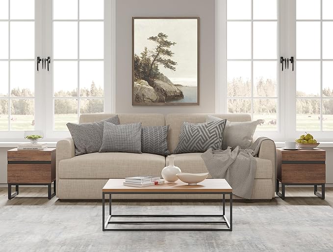 WAMPAT 2 Piece Modern End Table with 2 Drawers, Farmhouse Sofa Table, Wooden Rustic Side Sofa Table with Metal Leg for Living Room, Nighstand for Bedroom, Brown