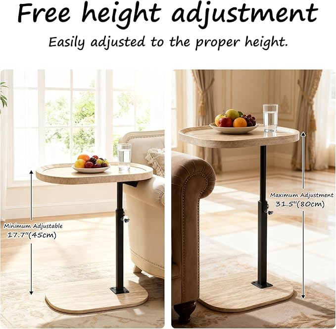 Adjustable C Shaped Side Table, C Table End Tables with Wheels for Sofa, 360° Swivel Sofa Tables for Livingroom,Bedroom,Study and Small Spaces (All White)