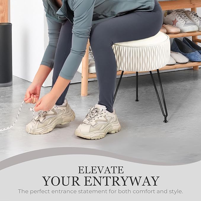 Velvet Vanity Stool Footrests, Round Ottoman Vanity Chairs with Anti-Slip Feet, Dressing Table Seat Foot Stool with Black Legs, Furry Padded Seat Side Table for Makeup Bedroom, White