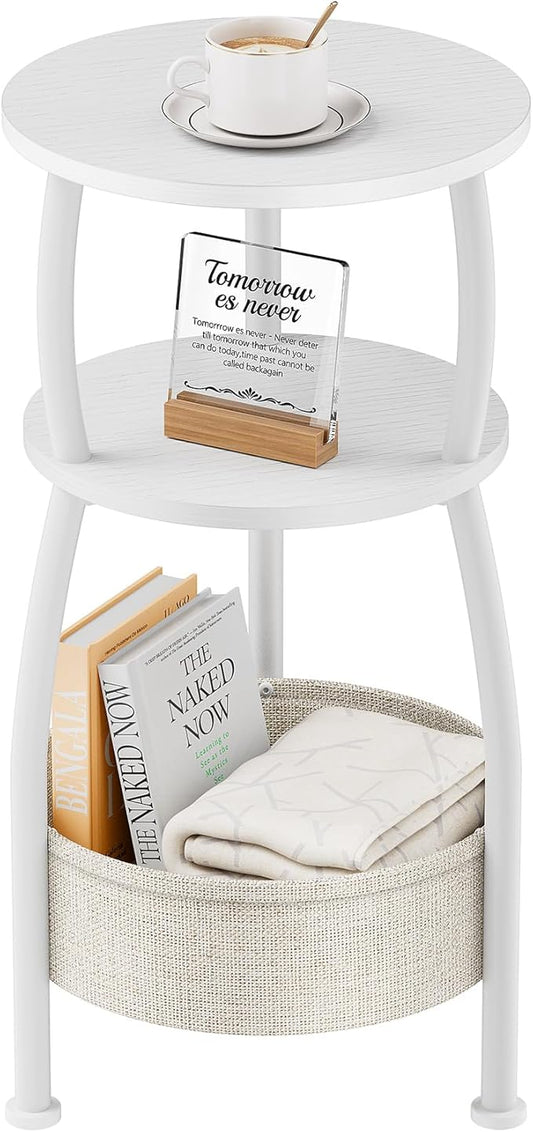 Small Round Side Table for Living Room with Storage Basket –Small Space Saving End Table 3-Tier Nightstand Couch Corner Stand Bedroom, Garden and More 24in Tall Matte White