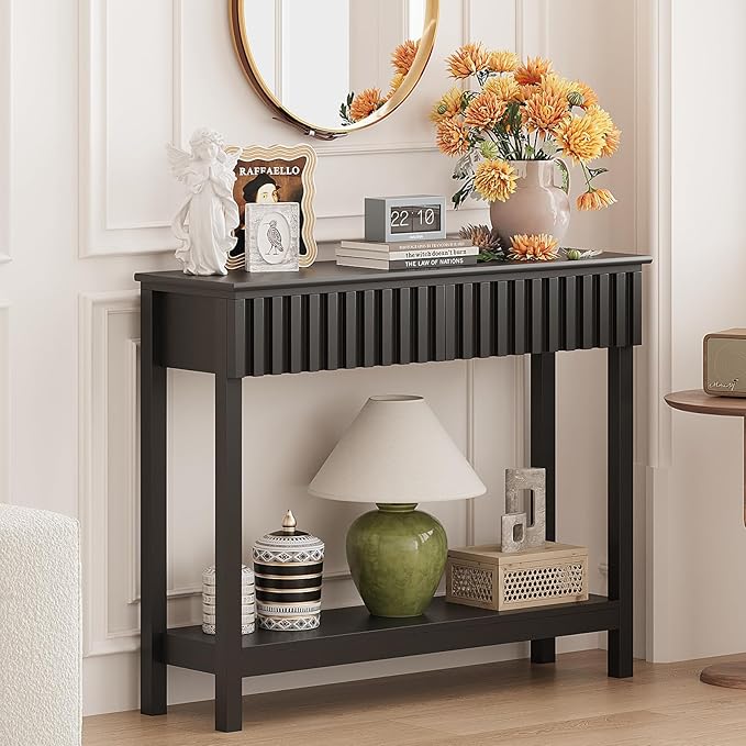 Fluted Console Table with 2 Drawers Narrow Sofa Table with Open Storage Shelf Modern Behind Couch Tables Long Entryway Table for Foyer Hallway