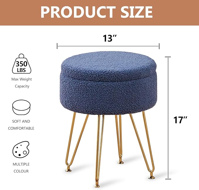 Wimarsbon Storage Ottoman,Teddy Velvet Vanity Stool,Soft Padded Seat,Round Footrest with Removable Cover and Adjustable Legs,Modern Decorative Accent Footstool or End Table for Hallway (Grey-Blue)