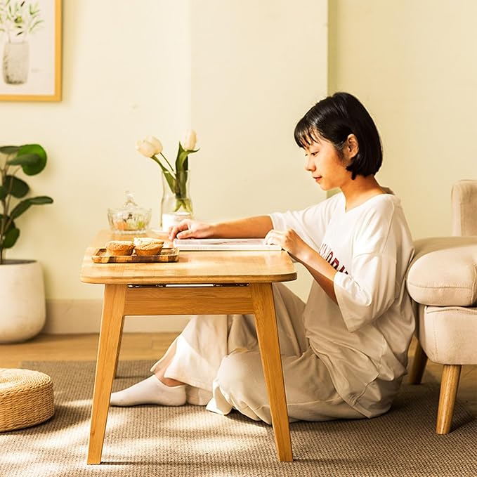 Coffee Table Foldable Mid Century Desk TV Stand with Open Storage Shelf Center Table for Living Room Furniture RV No Assembly, Natural (39.37IN)