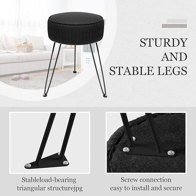 Velvet Vanity Stool Footrests, Round Ottoman Vanity Chairs with Anti-Slip Feet, Dressing Table Seat Foot Stool with Black Legs, Furry Padded Seat Side Table for Makeup Bedroom, Black