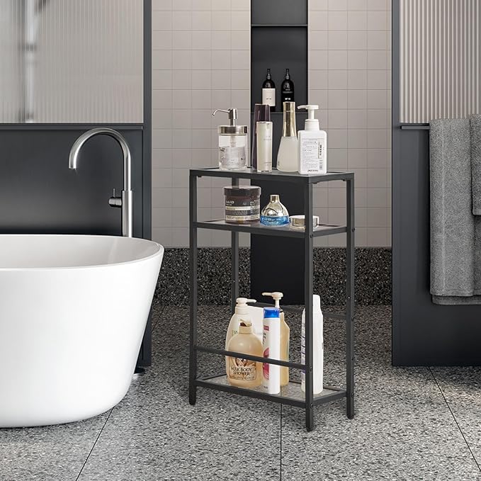 IBUYKE Narrow Side Table with Storage Shelf, 3 Tier Slim End Table,Modern Sofa Table, Small Nightstand, Telephone Table for Small Spaces,for Living Room, Bedroom, Black UTMZ002B