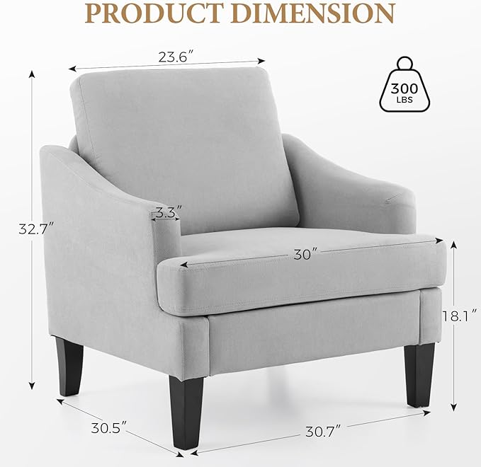 Bezseller Modern Accent Chair, Upholstered Reading Armchair with Wood Legs, Mid-Century Leisure Comfy Single Sofa Chair for Living Room, Bedroom, Home, Office, Light Grey