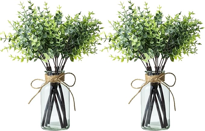 14" Artificial Eucalyptus Stems in Glass Vase, Fake Plants Faux Eucalyptus Branches Greenery Stems for Home Decor Farmhouse Wedding Table Decoration (2)