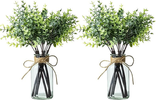 14" Artificial Eucalyptus Stems in Glass Vase, Fake Plants Faux Eucalyptus Branches Greenery Stems for Home Decor Farmhouse Wedding Table Decoration (2)