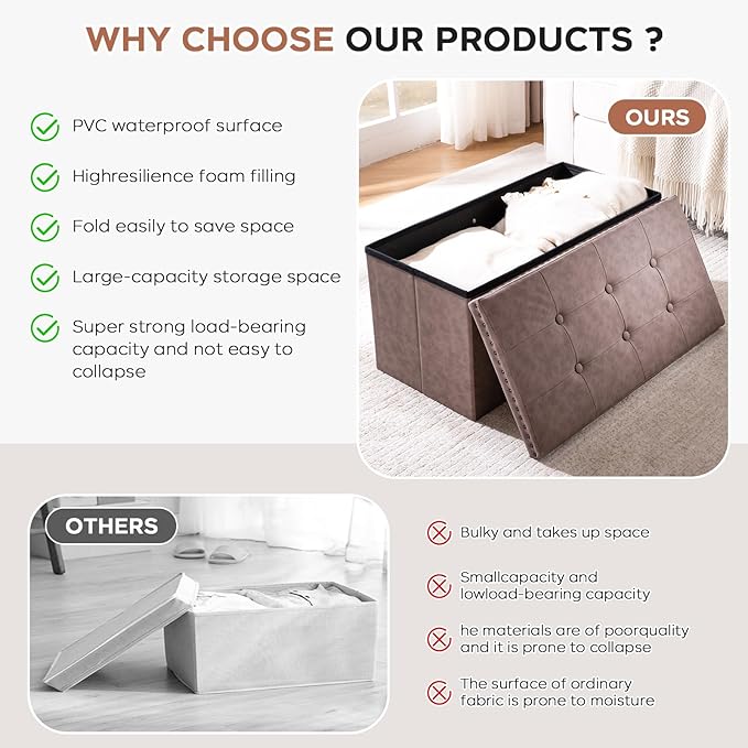 30 Inches Storage Ottoman Bench, Foldable Foot Rest with Rivet Design, 15 x 30 x 15 Inches, End of Bed Bench Footstool, Storage Chest, Load up to 330 lb, for Living Room, Bedroom, Entryway, Oak Brown