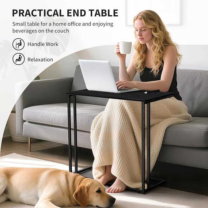 C-Shaped Side Table, Modern End Table with Metal Frame, Space Saving Design for Living Room，Large Surface Couch Table for Bedroom, and Home Office，24 x 12 x 24 inches (Black)