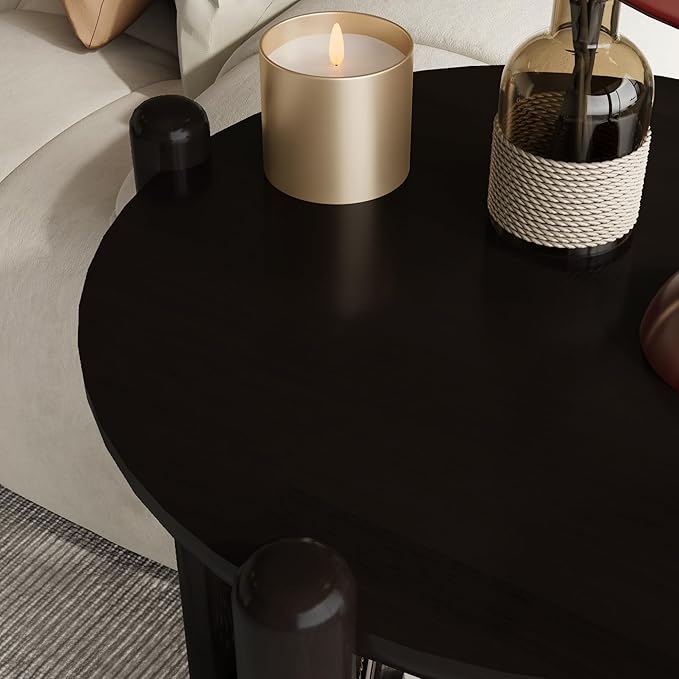 NSdirect Round End Table for Living Room, 2-Tier Rustic Wood Center Table for Home Decor with Boho Woven Rattan Storage Shelf | Modern Farmhouse Design, Easy Assembly, Black Brown