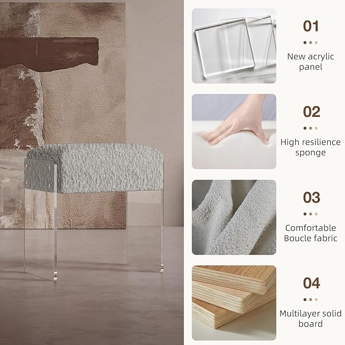 Soft Fluffy Stool, Modern Acrylic Footstool with Upholstered Seat, Fluffy Stool for Living Room Bedroom (Grey)