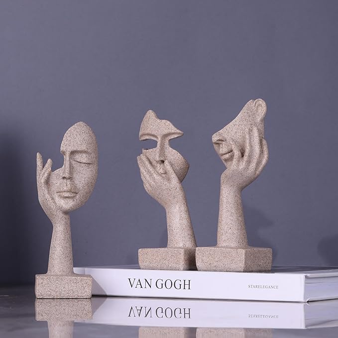 3 Pcs Thinker Small Statue Set - Art Resin Abstract Home Accent Figurines for Decor Woman Apartment Bookshelf Floating Shelf Coffee Table Office Desk Counter Decor (3 Pcs Sandstone, 6")