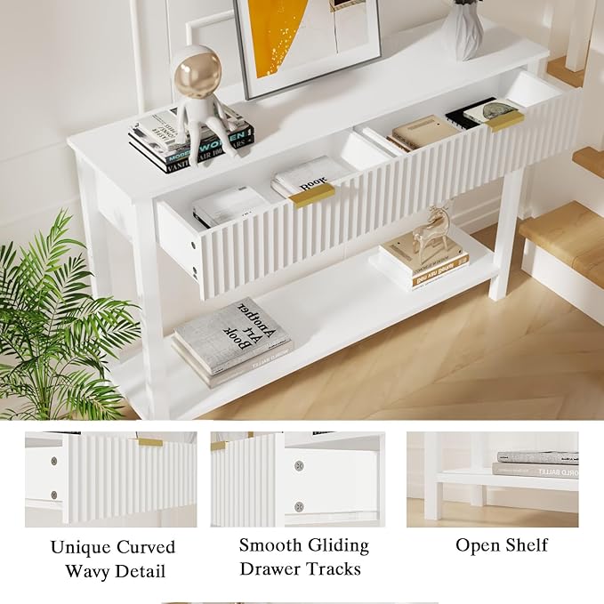 47.2" White Entryway Console Table with 2 Fluted Drawers and Gold Handles, Modern Sofa Table with Storage Shelf for Living Room and Hallway