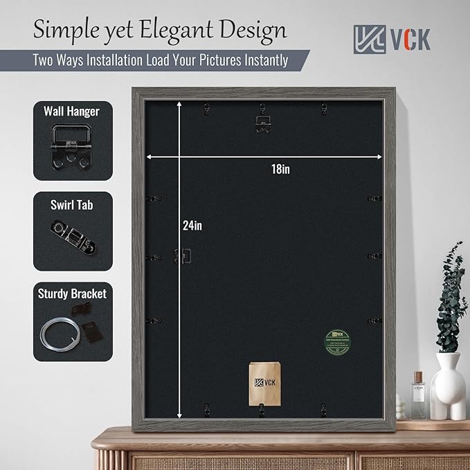 VCK 18x24 Poster Frame 2 Pack - Grey, High-End Wood Picture Frames with Polished Plexiglass, Display 16x20 Photo with Mat or 18x24 without Mat, Art Gallery-Quality, Wall Hanging, Grey