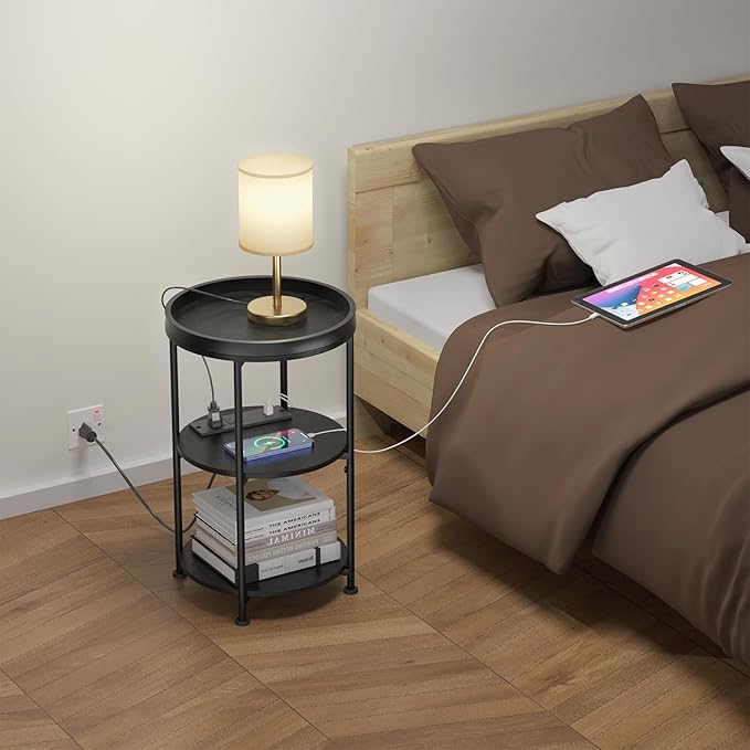 Small Round Side Table with Charging Station for Small Spaces, 3-Tier Accent Table with USB Ports & Power Outlets, Sofa Corner Tea Table for Living Room Nightstand Bedroom Apartment (Black)