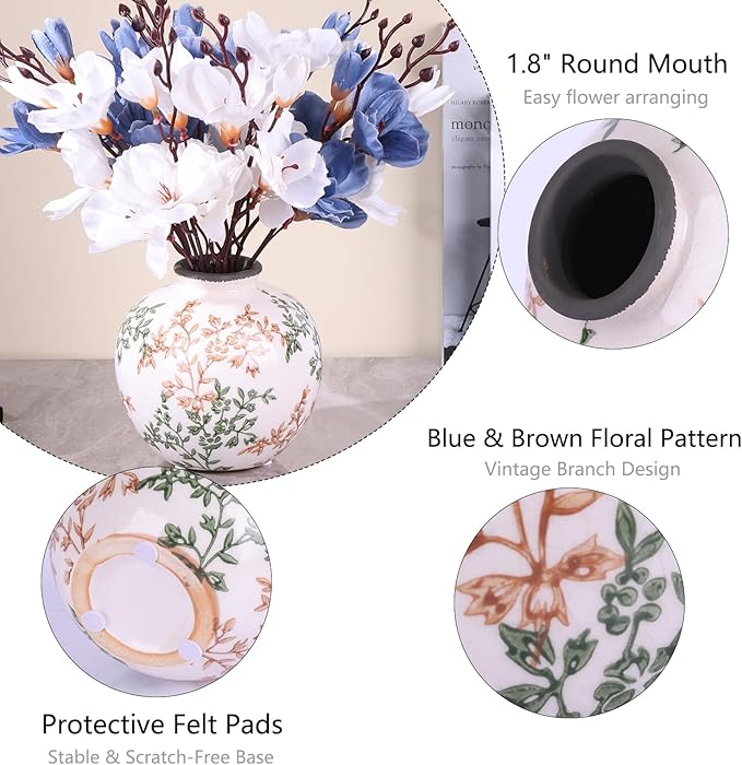 Vintage Green and White Brown Round Vase, Chinoiserie Porcelain Green Floral Vase, Mid Century Modern Pottery Flower Vases for Bouquet and Home Rustic Farmhouse Dining Table Decor