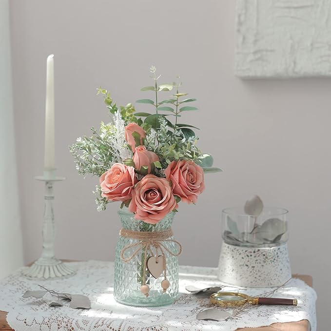 Faux Flowers with Vase,Artificial Silk Roses in Vase, Fake Plant Eucalyptus Flower Arrangement for Home Office Farmhouse Bathroom Dining Table Centerpiece Decorations Coffee Table Decor (Dusty Pink)