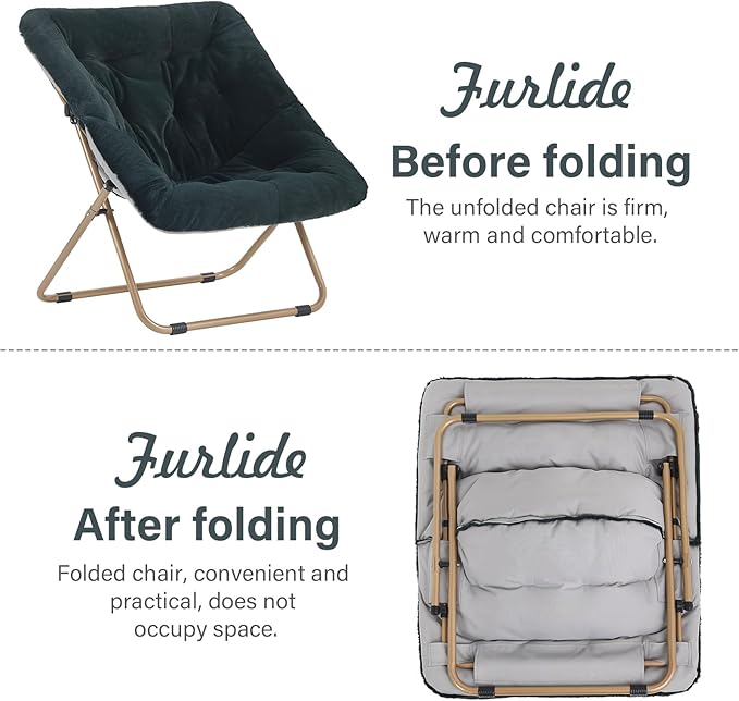 Saucer Chair, Comfy Bedroom Chairs, Oversized Folding Faux Fur Chair, Foldable Metal Frame Chair for Bedroom, Living Room, Balcony, Patio, Study, Playroom (Dark Green)