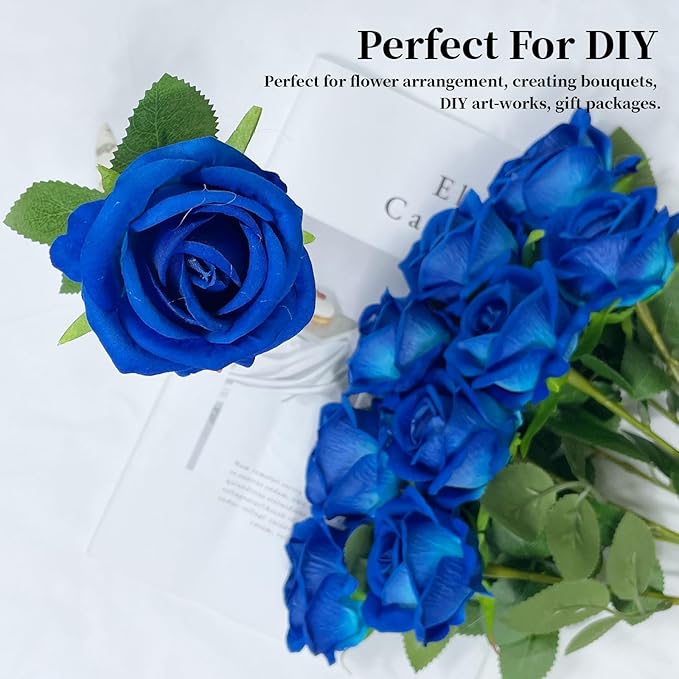 10 PCS Artificial Roses with Long Stems Silk Flowers Realistic Foam Flowers Fake Roses for Valentine's Day Home Wedding Halloween Decor(Blue)