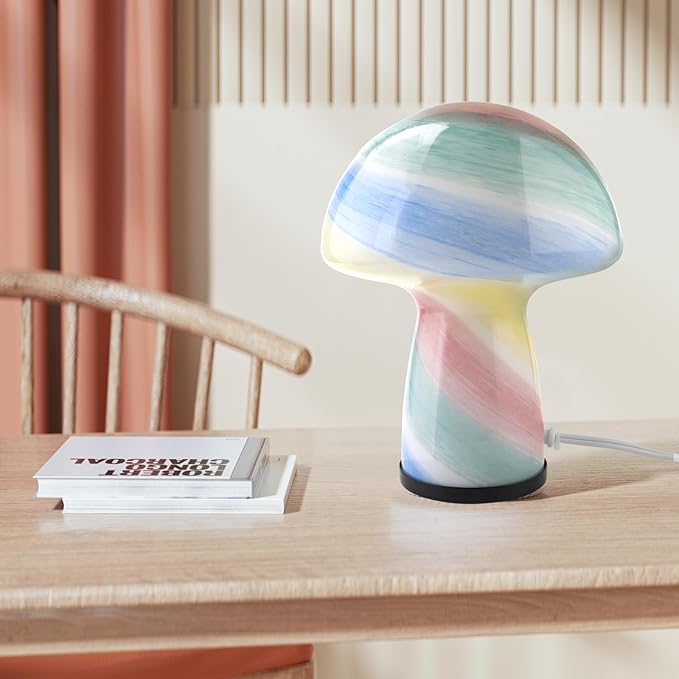 Dimmable Mushroom lamp,Glass Mushroom Bedside Table Lamp Translucent Vintage Style Small Nightstand Desklamp Light for Home Decor, Dining, Living, Bedroom, Gift.（Rainbow Color）